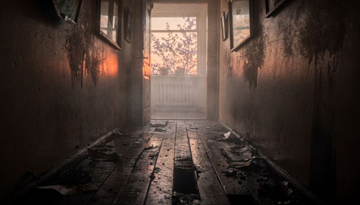 A house with fire damage and smoke damage.