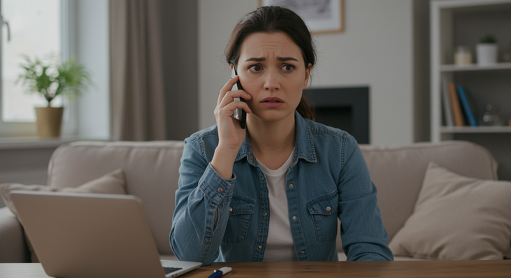 A worried homeowner on the phone after seeing home damage.